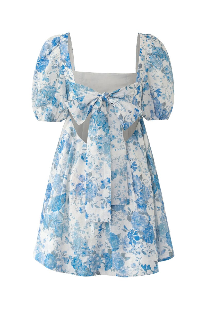 AERIN OPEN BACK TIE MINI DRESS - Sky Blue Floral Dresses SOFIA The Label 