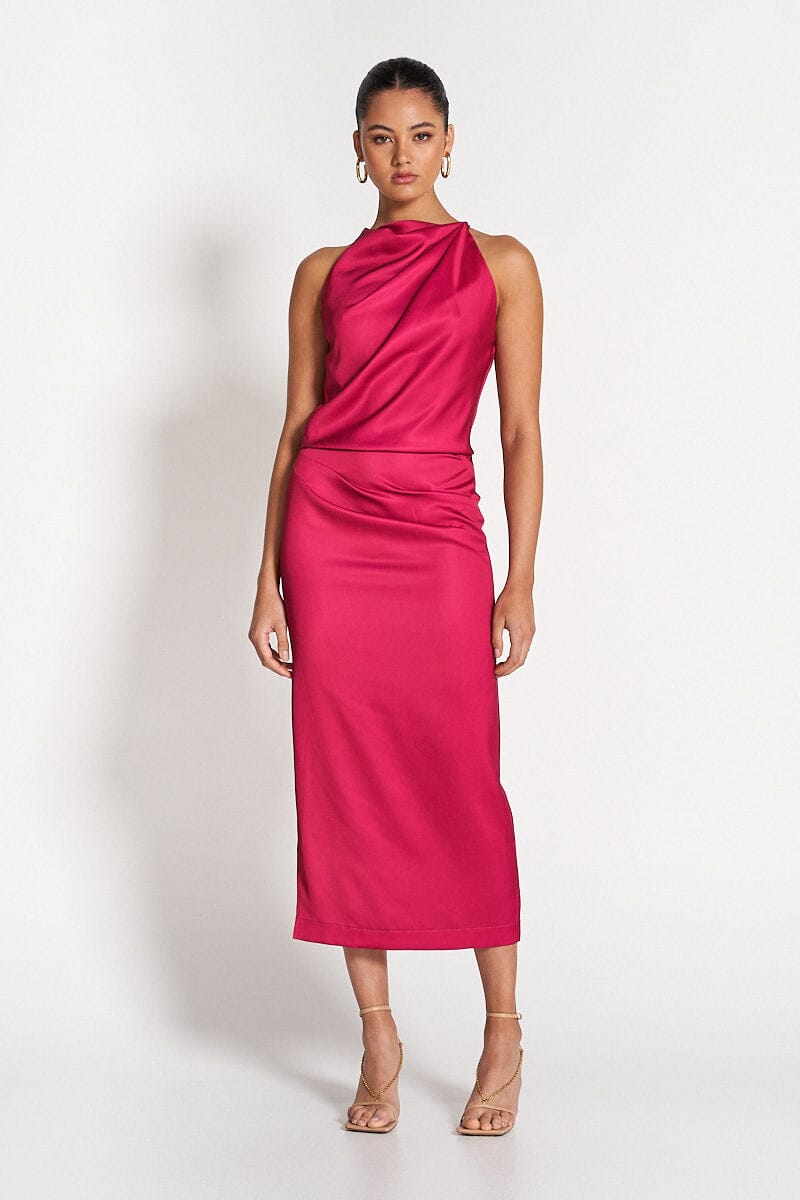 Adele Formal Gown - Fuchsia Pink Satin Liquid Sexy Bodycon Maxi Dress –  Runway Goddess