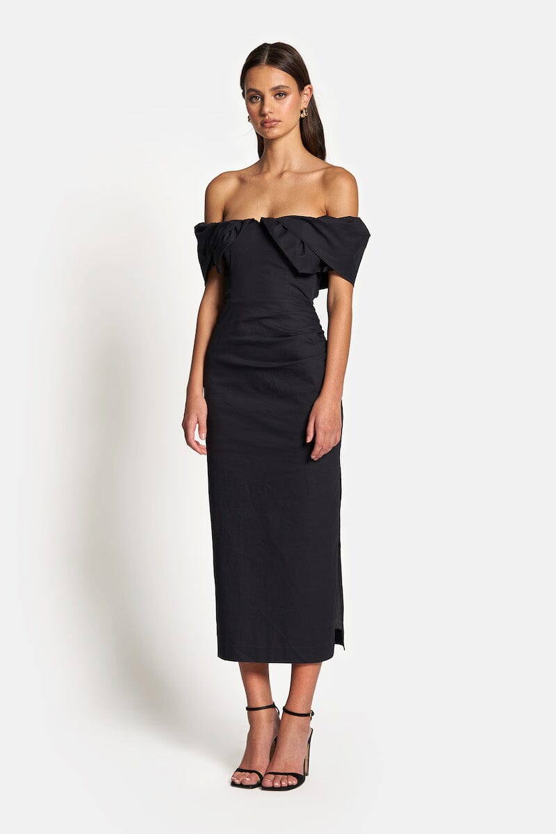 hailey off shoulder midi dress black dresses sofia the label 108309