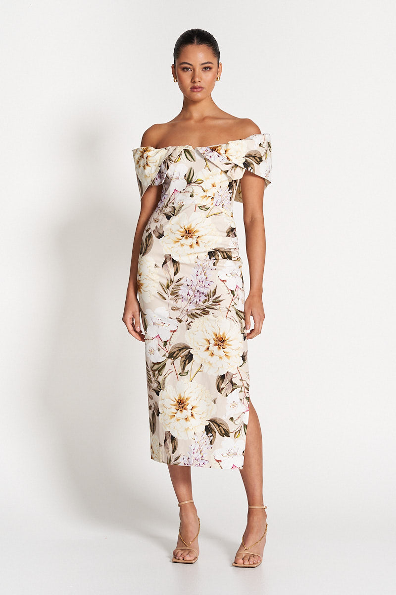 HAILEY OFF SHOULDER MIDI DRESS - Flora Print – SOFIA The Label