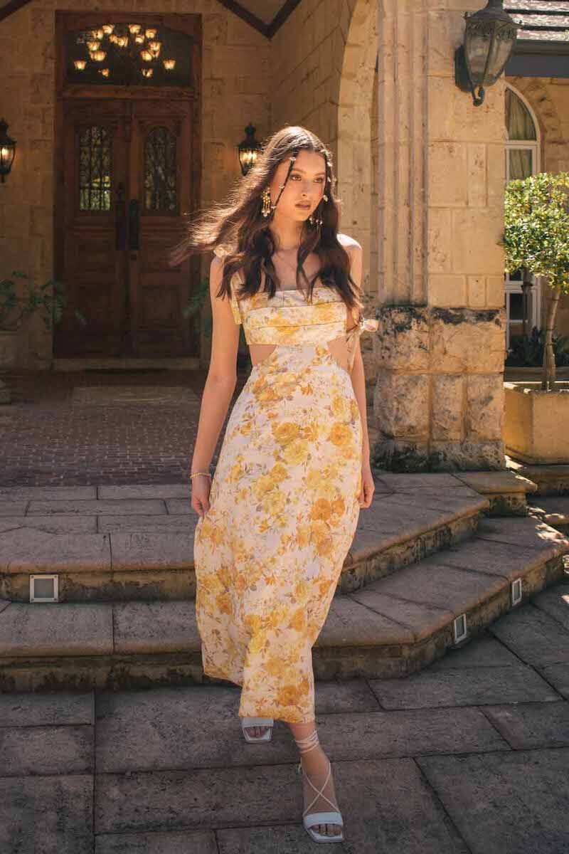 MIMI CUT OUT MIDI DRESS - Yellow Floral Dresses SOFIA The Label 