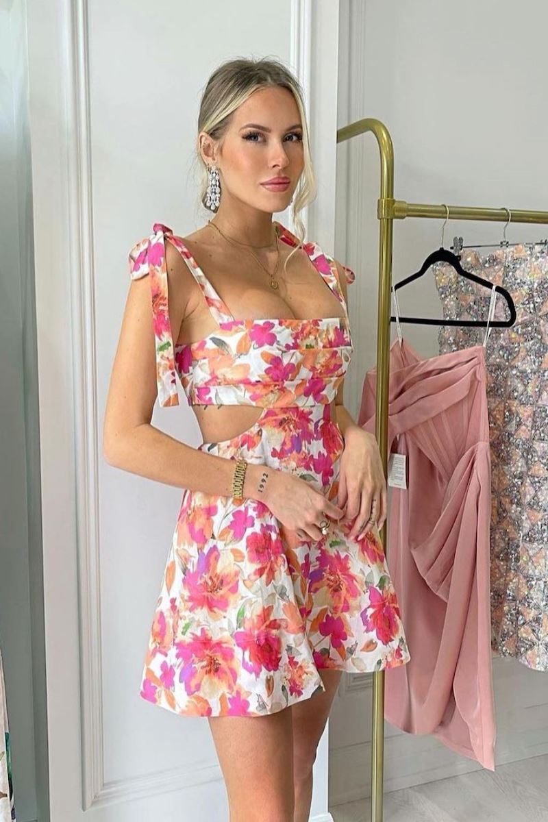 MIMI CUT OUT MINI DRESS - Pink Peach Floral Dresses SOFIA The Label 
